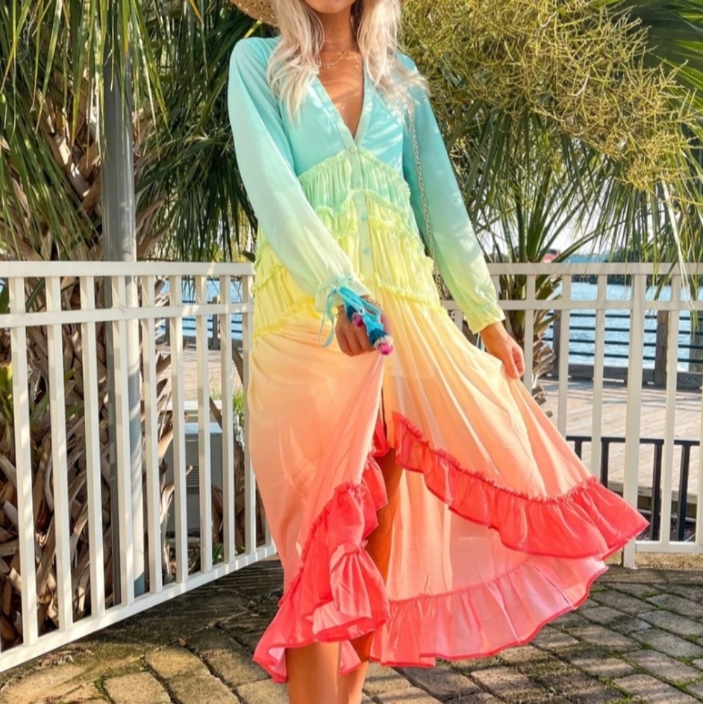 Rainbow dress, rainbow ruffle dress, vacation dress, tropical dress, ombre dress